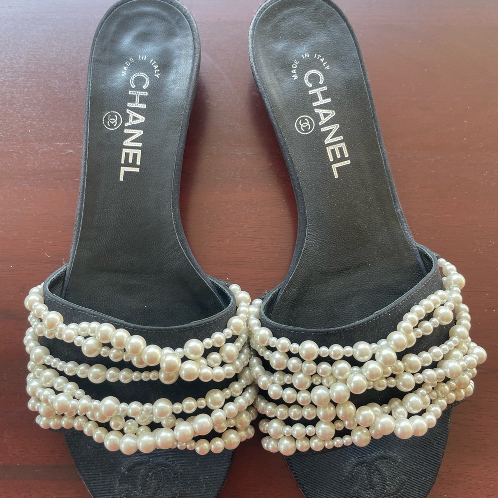 CHANEL Black Mules with Pearl Embellishments